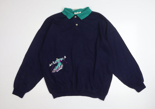 Sporting Women Navy Ski Embroidered Henley Sweatshirt XL