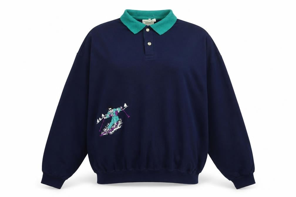 Sporting Women Navy Ski Embroidered Henley Sweatshirt XL