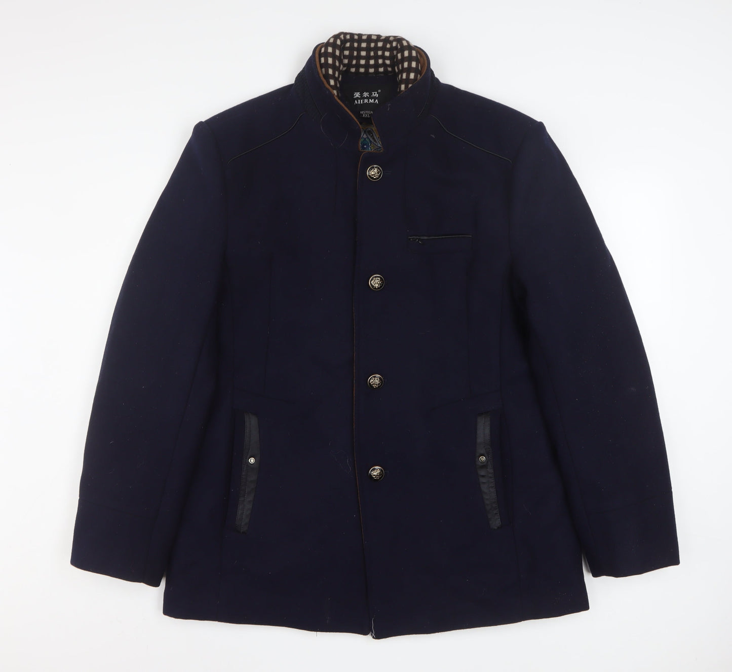AIERMA Men's Blue Wool Blend Stand-Up Collar Coat XL