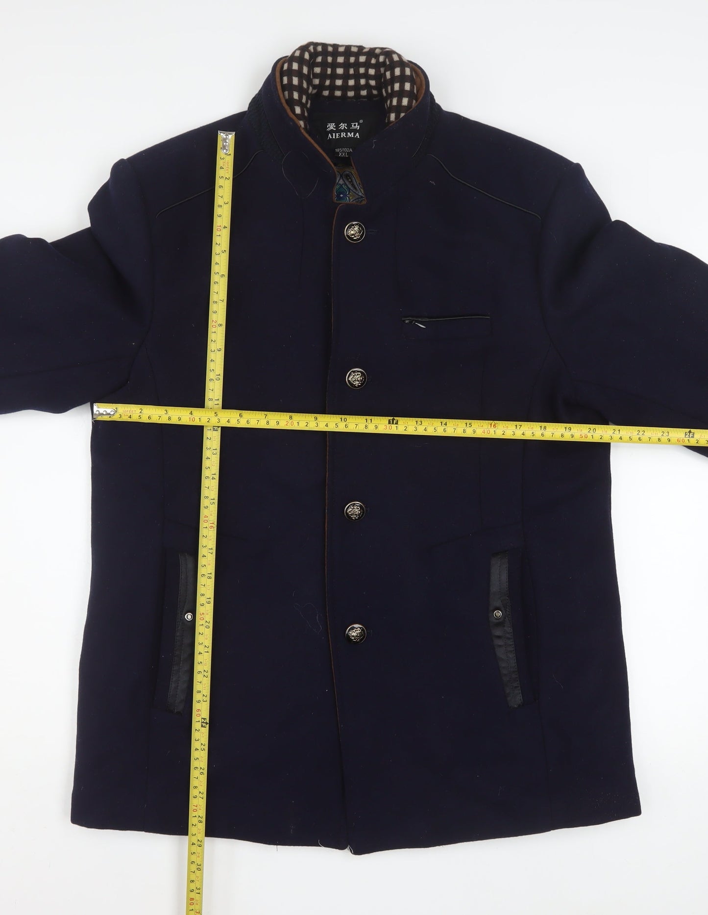 AIERMA Men's Blue Wool Blend Stand-Up Collar Coat XL