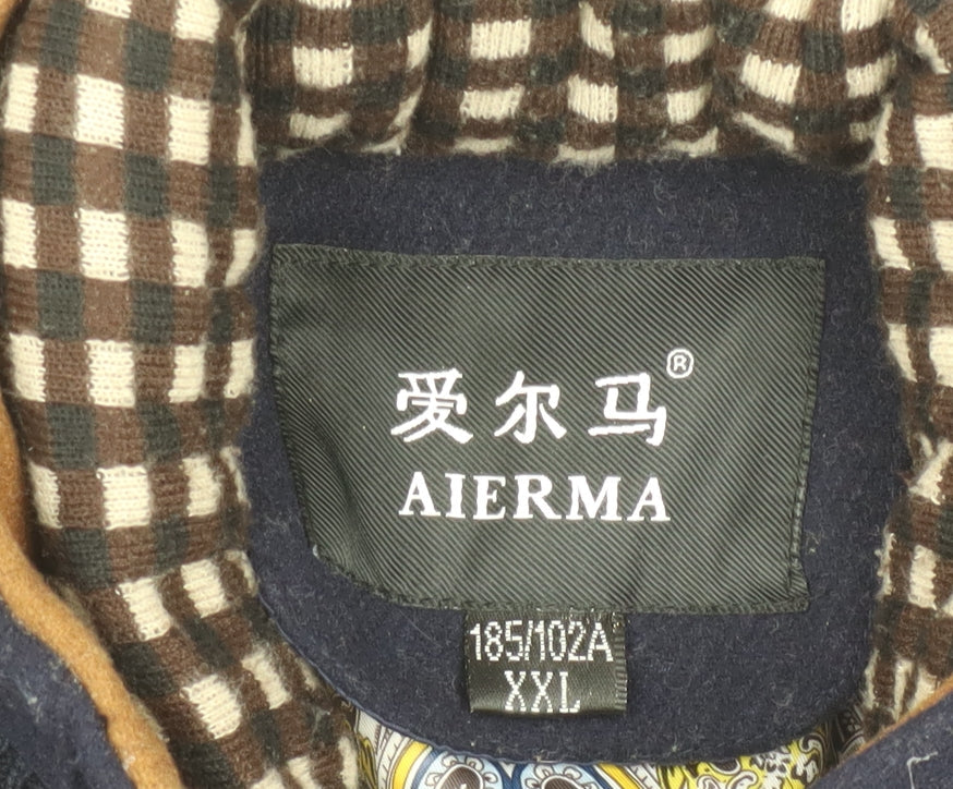 AIERMA Men's Blue Wool Blend Stand-Up Collar Coat XL
