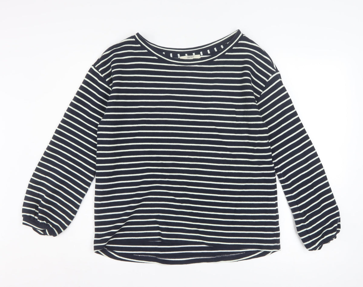 Additional front view of ESPRIT Women Navy Striped Pullover Sweatshirt, size M, Long Sleeve Cotton Blend