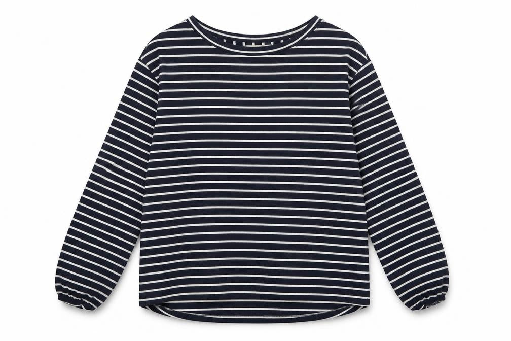 Front view of ESPRIT Women Navy Striped Pullover Sweatshirt, size M, Long Sleeve Cotton Blend