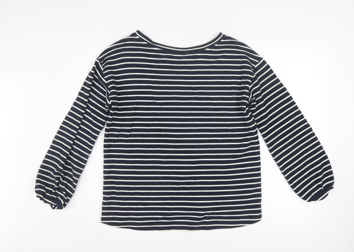 Close-up detail of ESPRIT Women Navy Striped Pullover Sweatshirt, size M, Long Sleeve Cotton Blend
