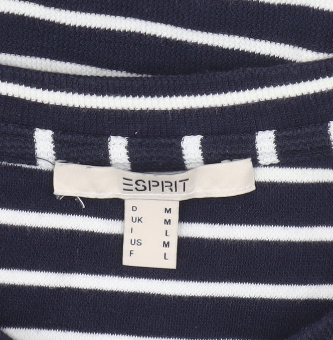 Brand and care label for ESPRIT Women Navy Striped Pullover Sweatshirt, size M, Long Sleeve Cotton Blend