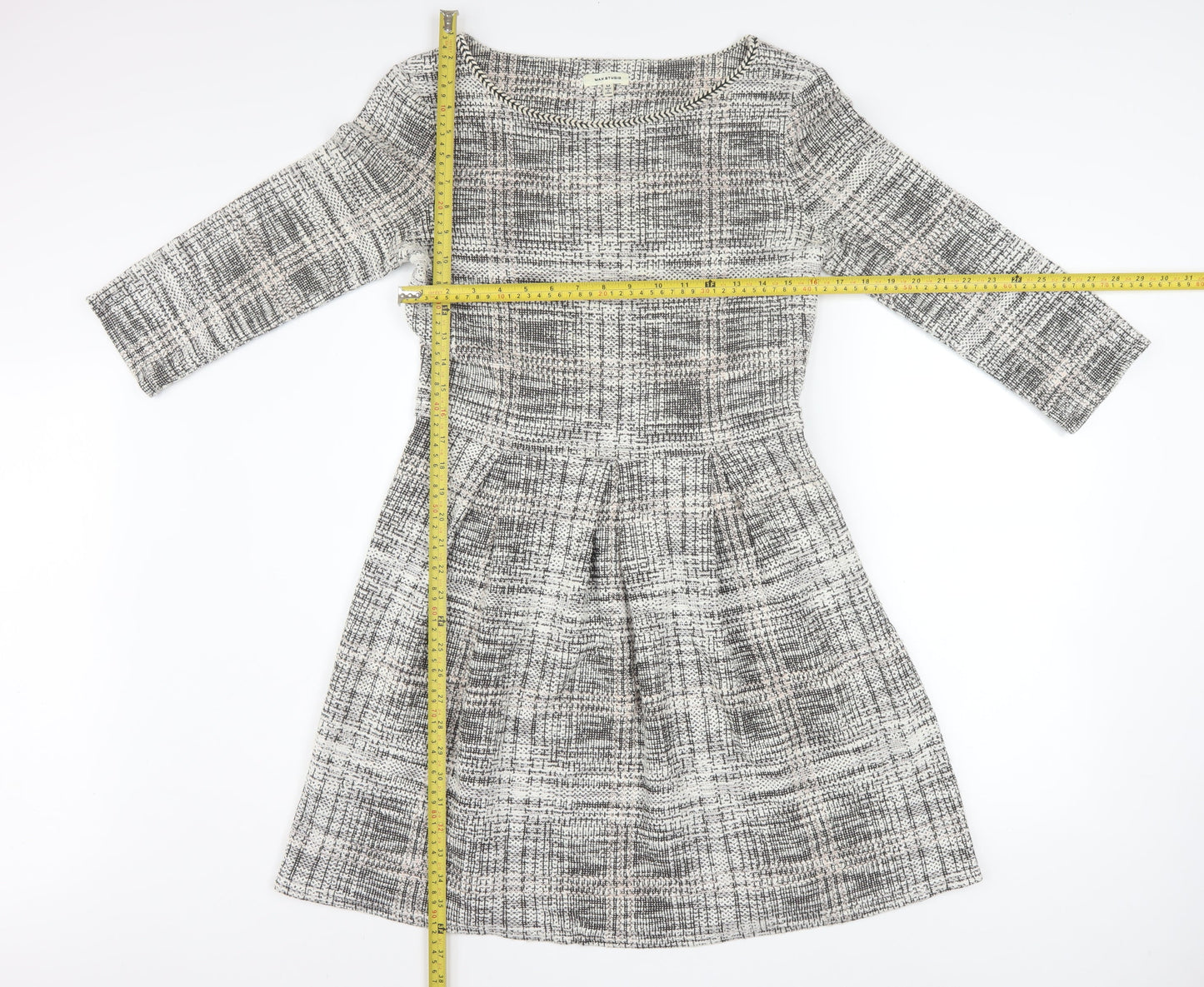 Max Studio Women's Grey Check Fit & Flare Knee Length Dress Medium