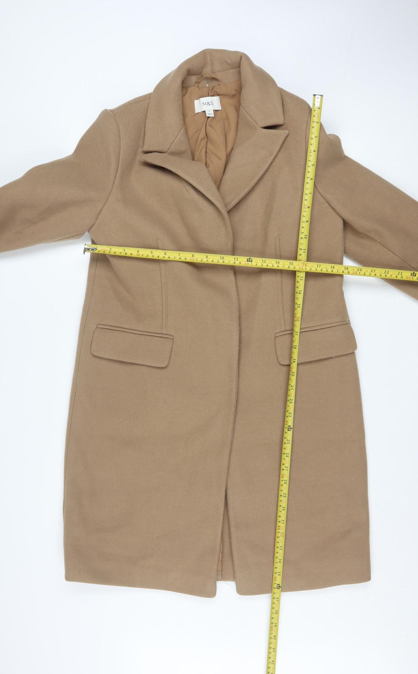 Marks and Spencer Women Beige Size 12 Long Overcoat Classic Style