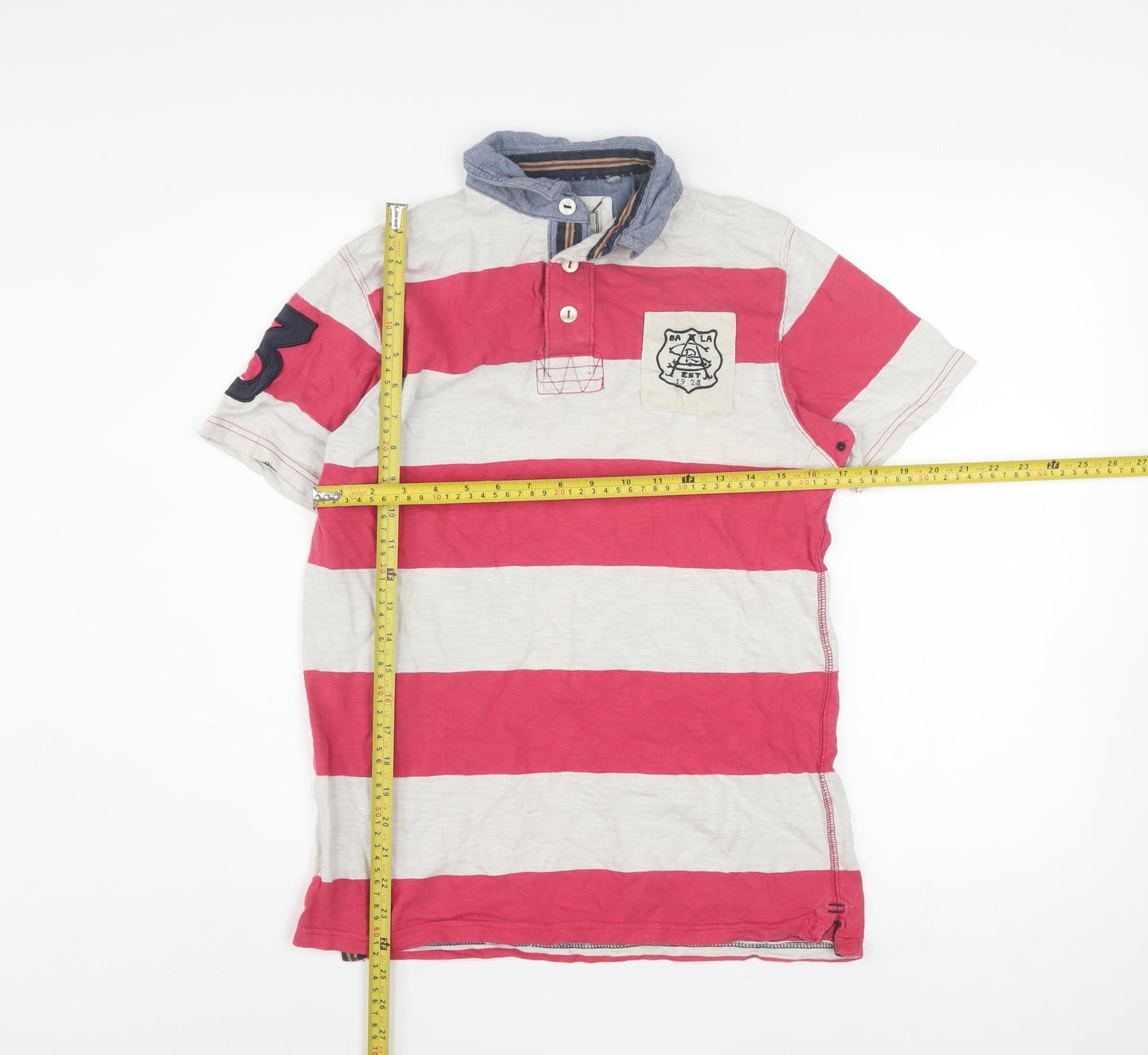 Next Men's Red Striped Polo Shirt Small Cotton Button Collar