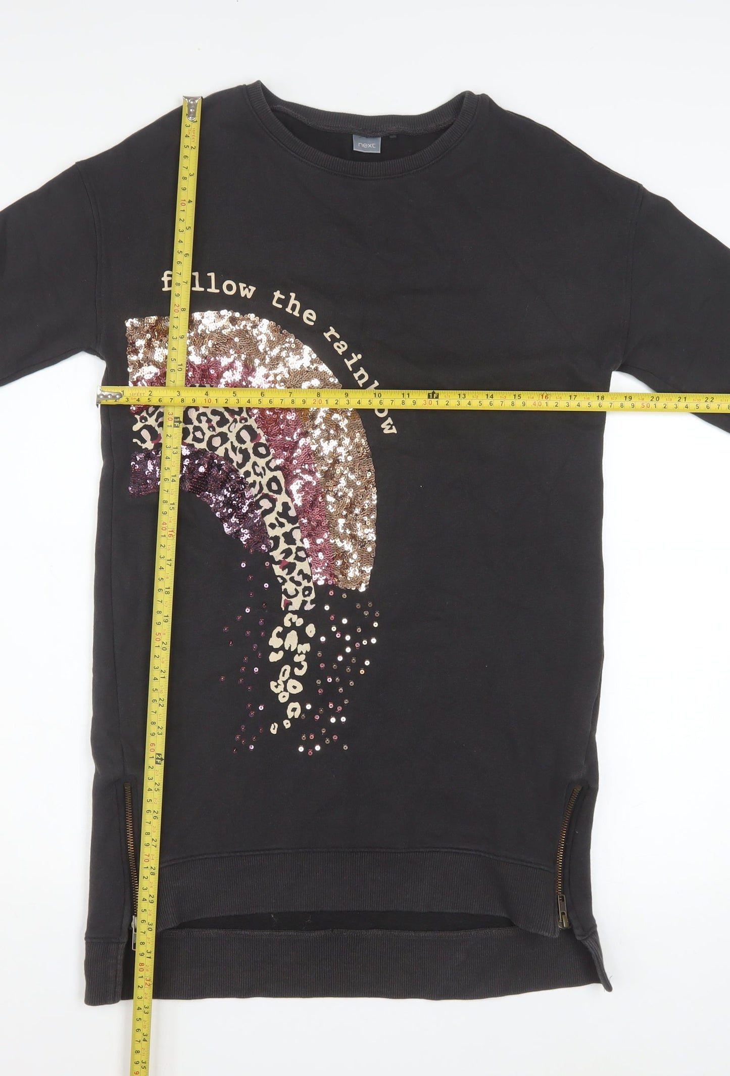 Next Girls Black Sequin Rainbow Sweatshirt 13 Years Pullover Fleece
