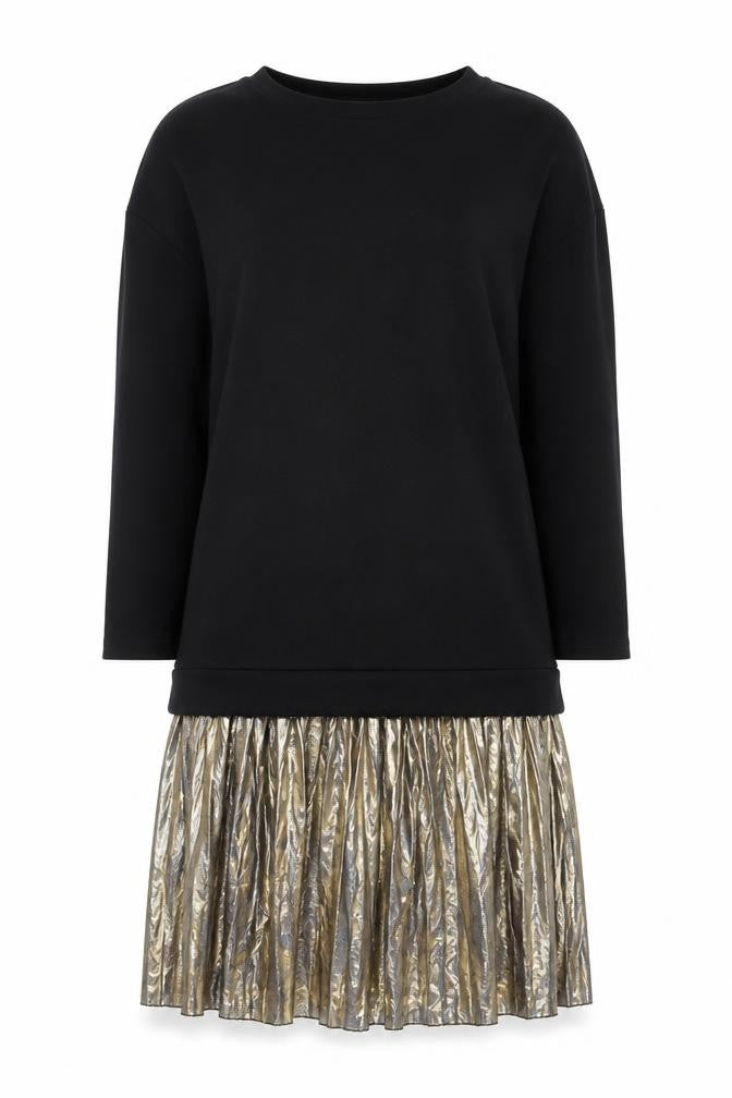 Sans Souci Women's Black Gold Shift Dress L Long Sleeve Pleated Hem