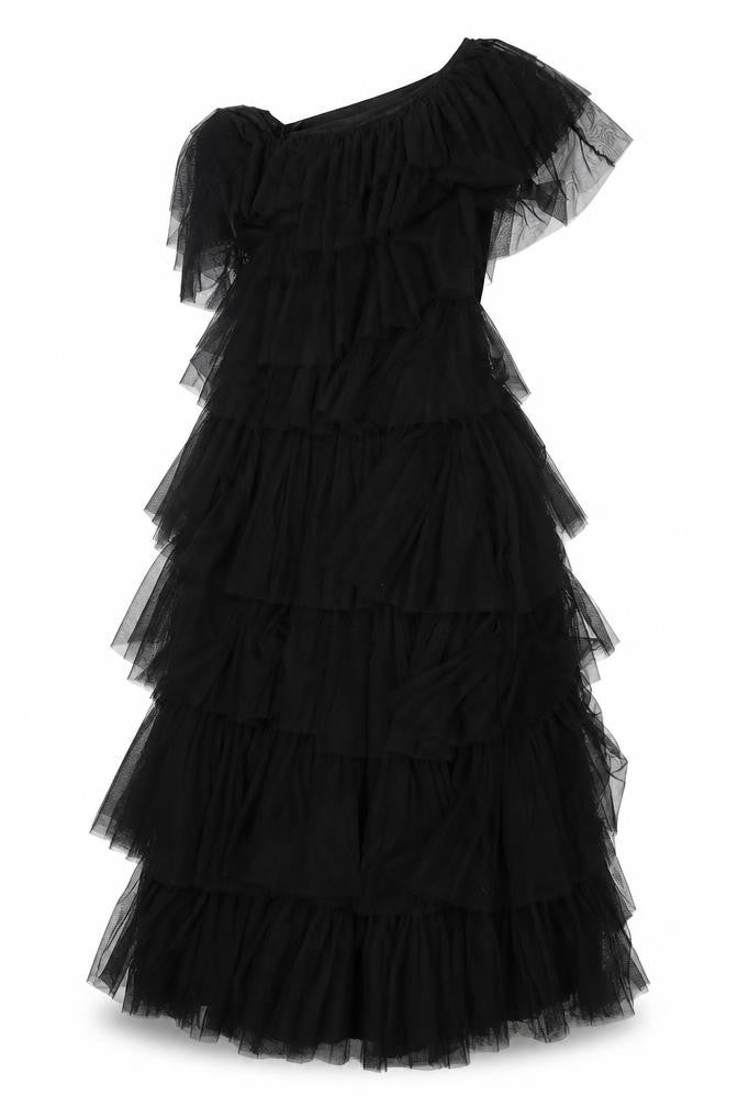 Warehouse Women’s Black One Shoulder Asymmetric Ruffle Midi Dress UK 8
