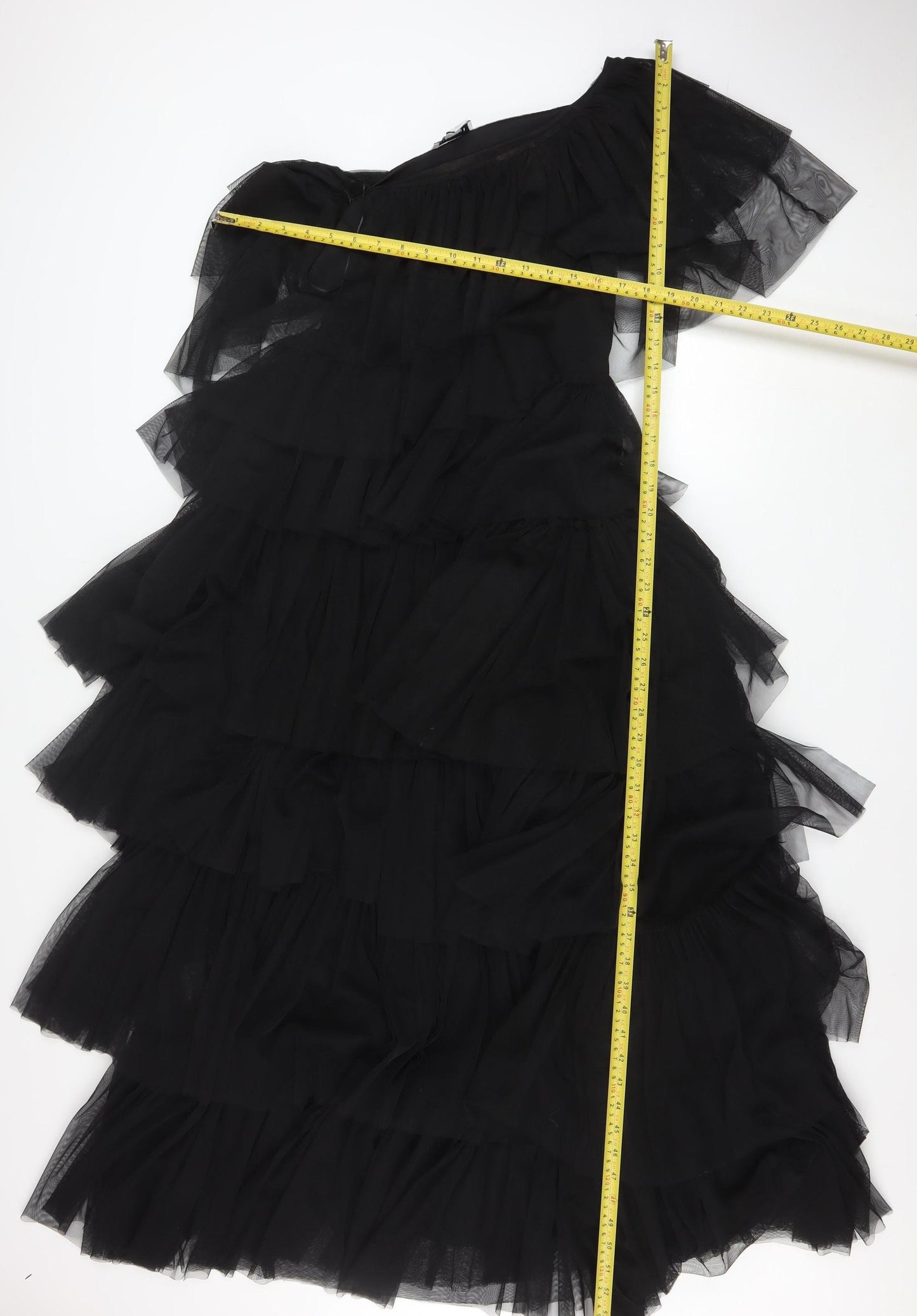 Warehouse Women’s Black One Shoulder Asymmetric Ruffle Midi Dress UK 8