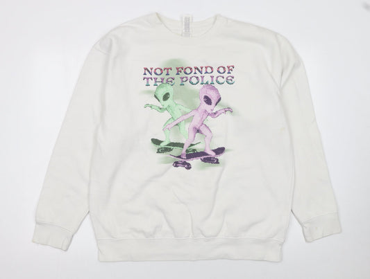 Cotton Heritage Women White Alien Graphic Pullover Sweatshirt L