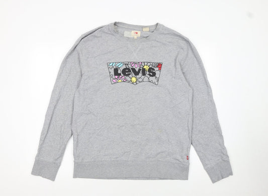 Levi's Women Grey Floral Logo Pullover Sweatshirt L Cotton