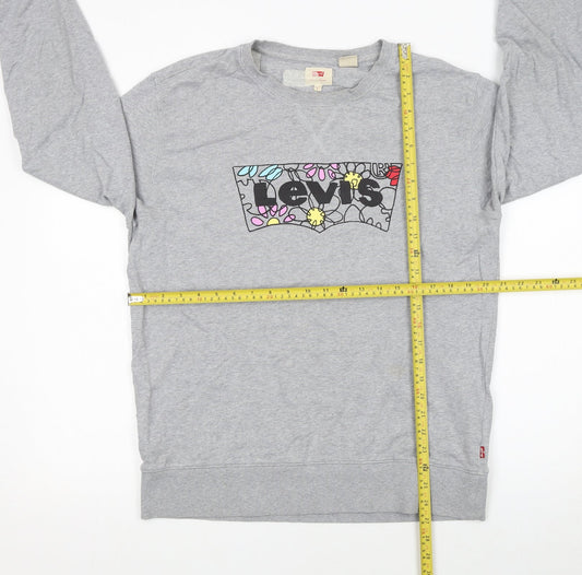 Levi's Women Grey Floral Logo Pullover Sweatshirt L Cotton