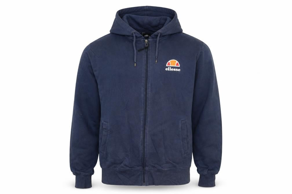 Front view of Ellesse Men’s Blue Full Zip Hoodie, size M, Cotton Casual Sportswear