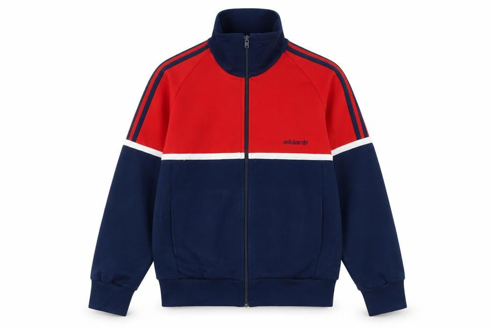 Adidas Boys Red & Navy Track Jacket Size 174 Polyester Cotton Zip Up