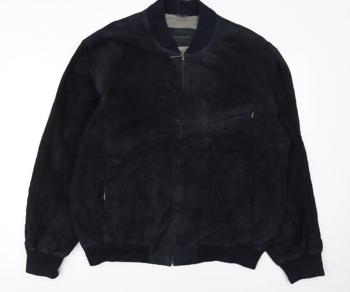 Giorgio Men's Blue Leather Bomber Jacket Size 44 Zip Up