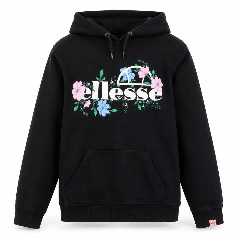 Front view of Ellesse girls’ black floral logo pullover hoodie 12-13 years