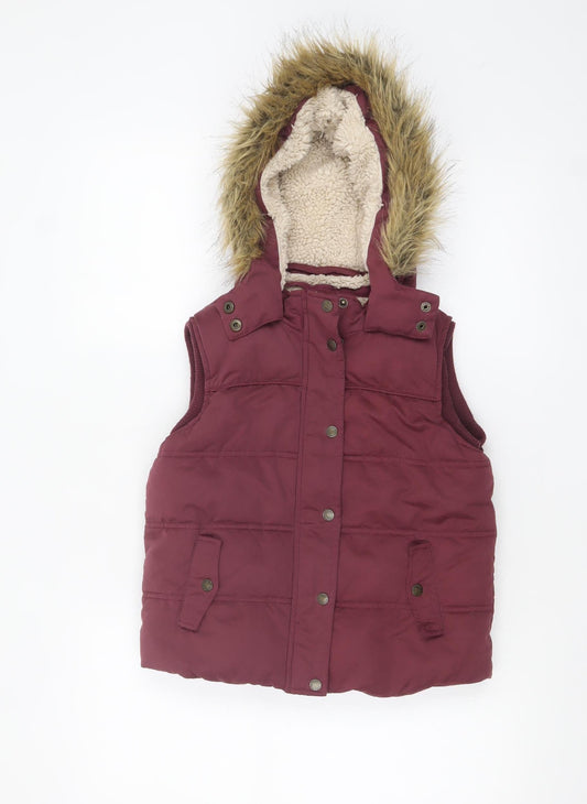 FatFace Girls Red Hooded Faux Fur Lined Puffer Gilet 8-9 Years