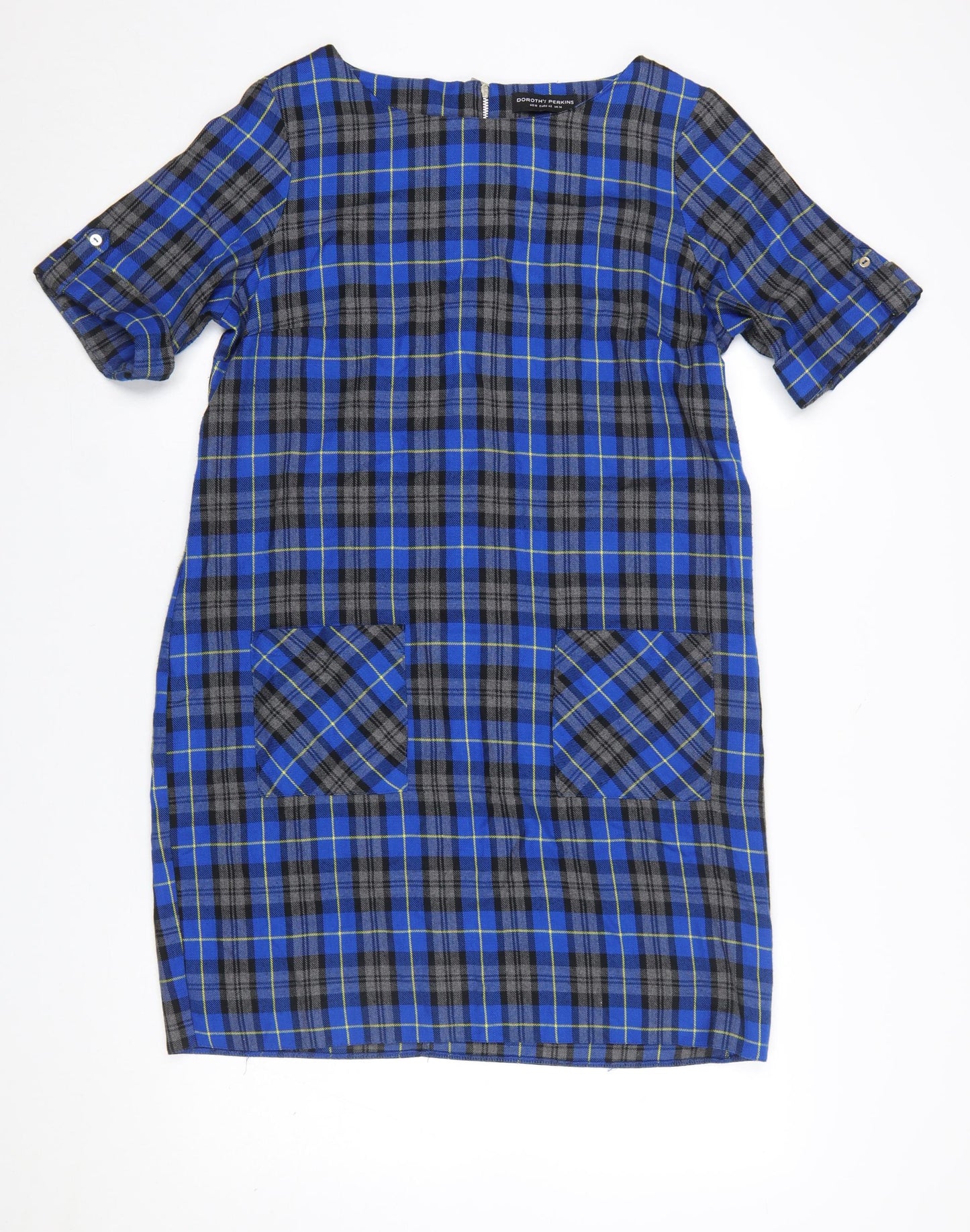 Dorothy Perkins Women's Blue Check Shift Dress UK 14 Short Sleeve Zip Back