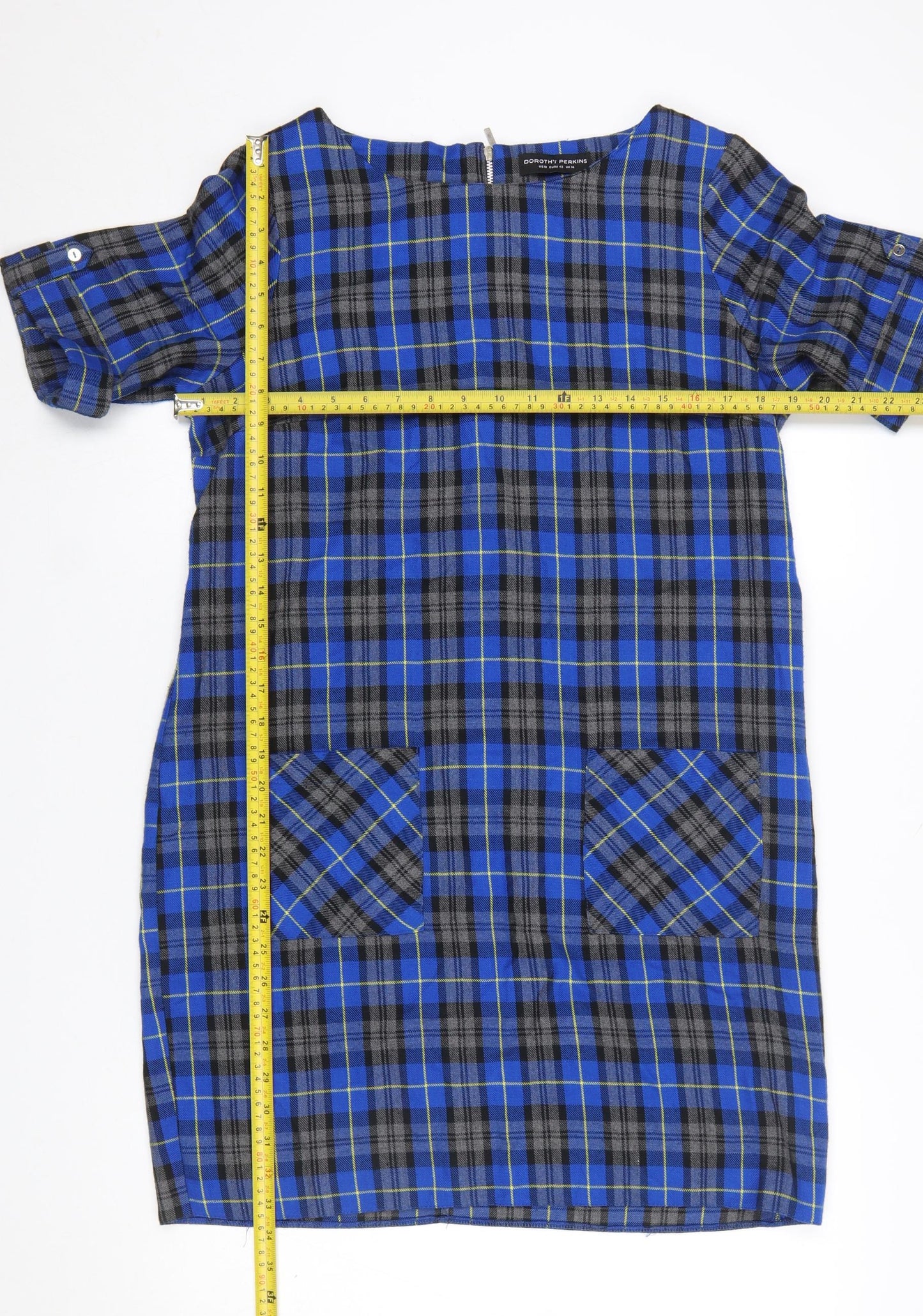 Dorothy Perkins Women's Blue Check Shift Dress UK 14 Short Sleeve Zip Back