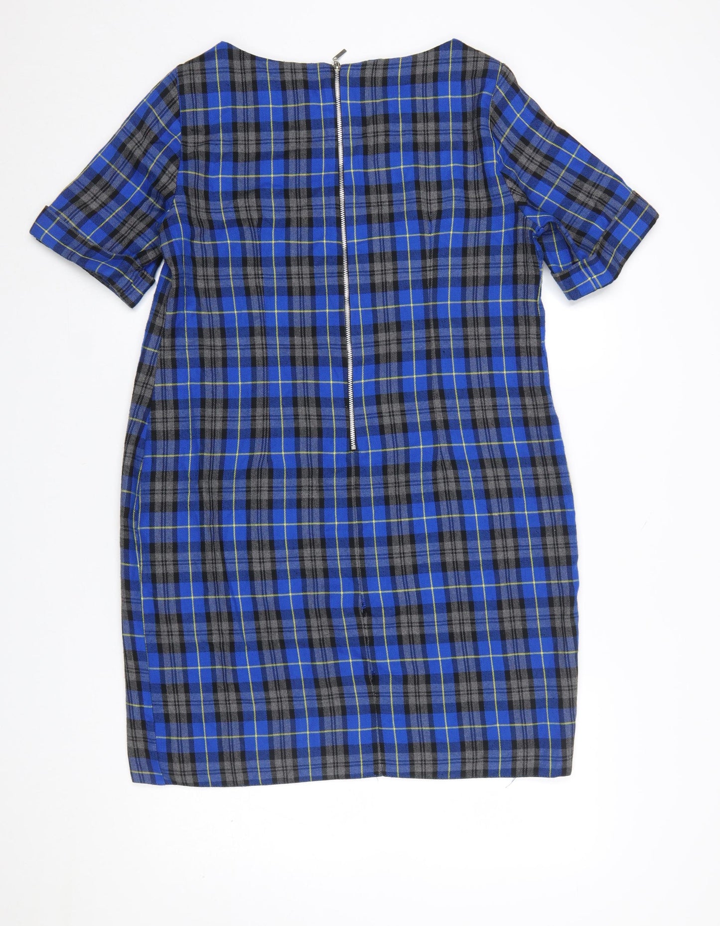 Dorothy Perkins Women's Blue Check Shift Dress UK 14 Short Sleeve Zip Back