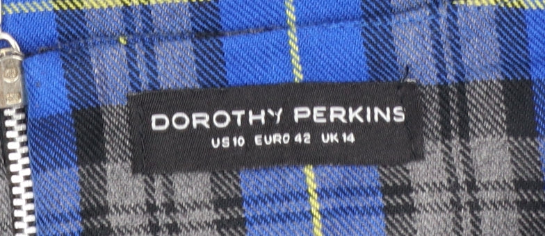 Dorothy Perkins Women's Blue Check Shift Dress UK 14 Short Sleeve Zip Back