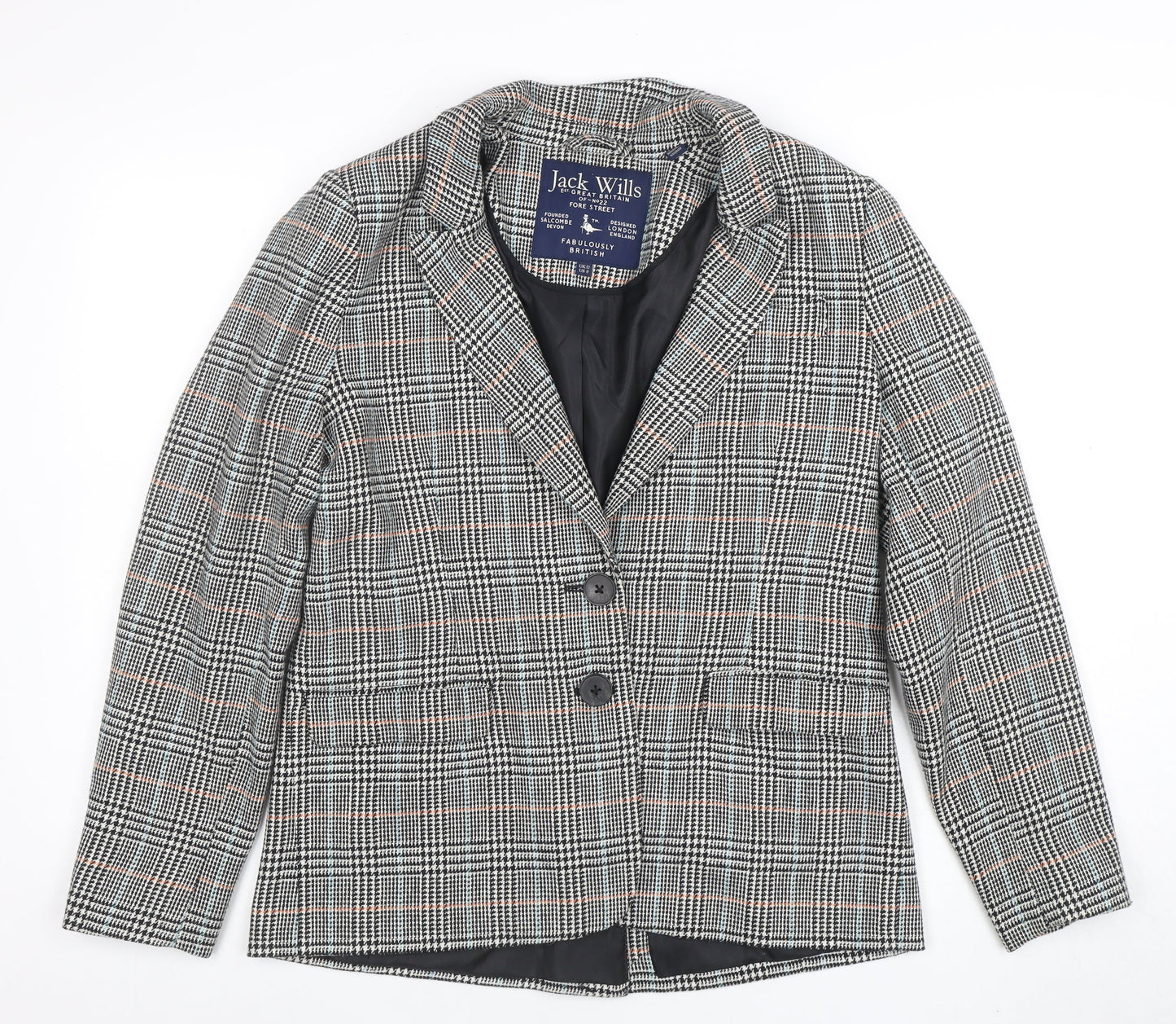 Jack Wills Women Grey Checked Wool Blend Blazer UK12 Classic Two-Button Jacket