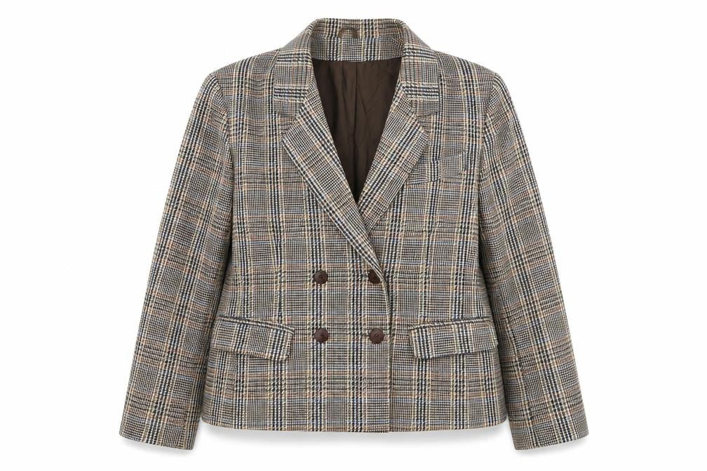Front view of C&A Women's Brown Checked Wool Blend Double-Breasted Blazer, size 14