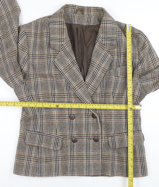 C&A Women's Brown Checked Wool Blend Double-Breasted Blazer Size 14