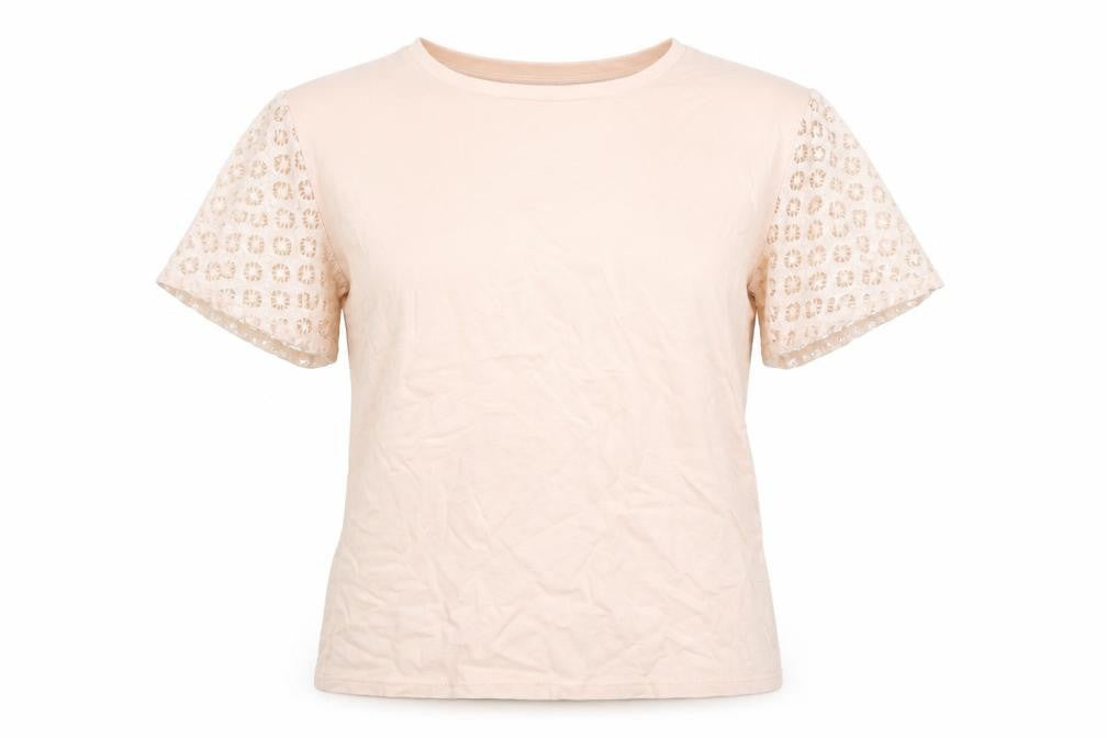 Maette Women's Beige Crochet Sleeve Cotton Blend T-Shirt Size S