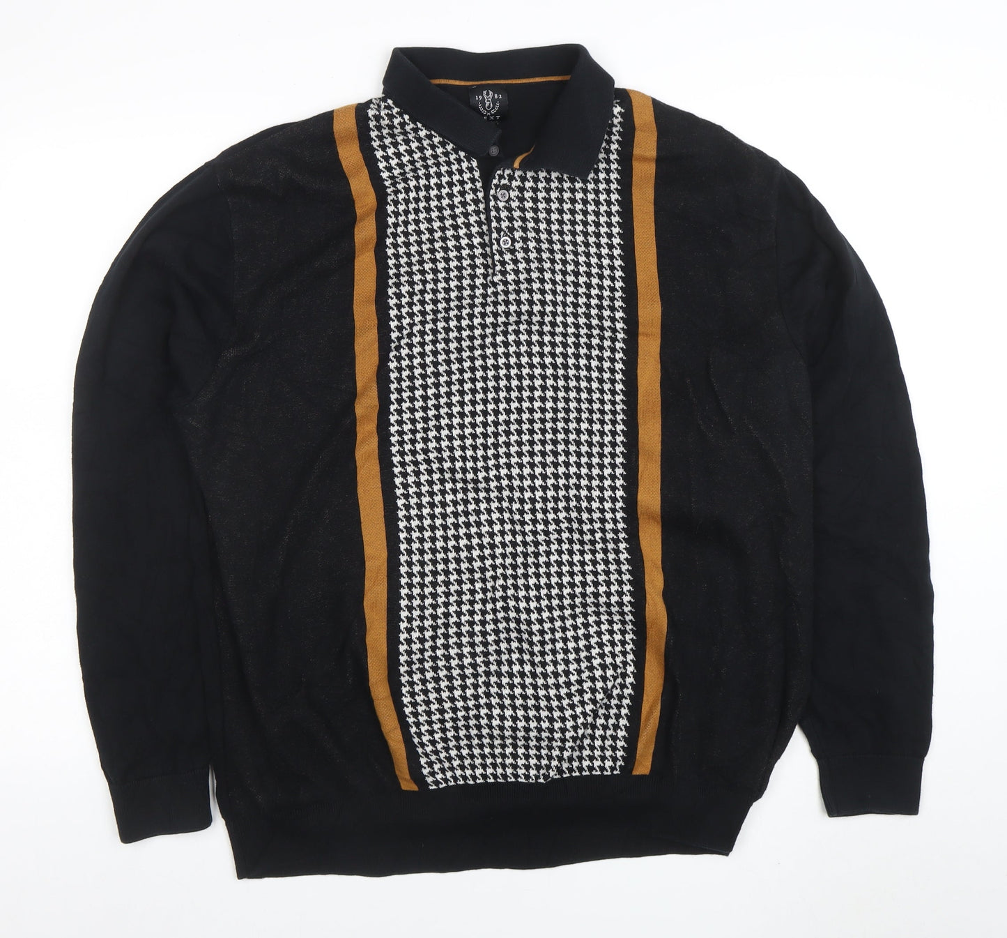 Next Men's Black Retro Long Sleeve Cotton Polo 2XL