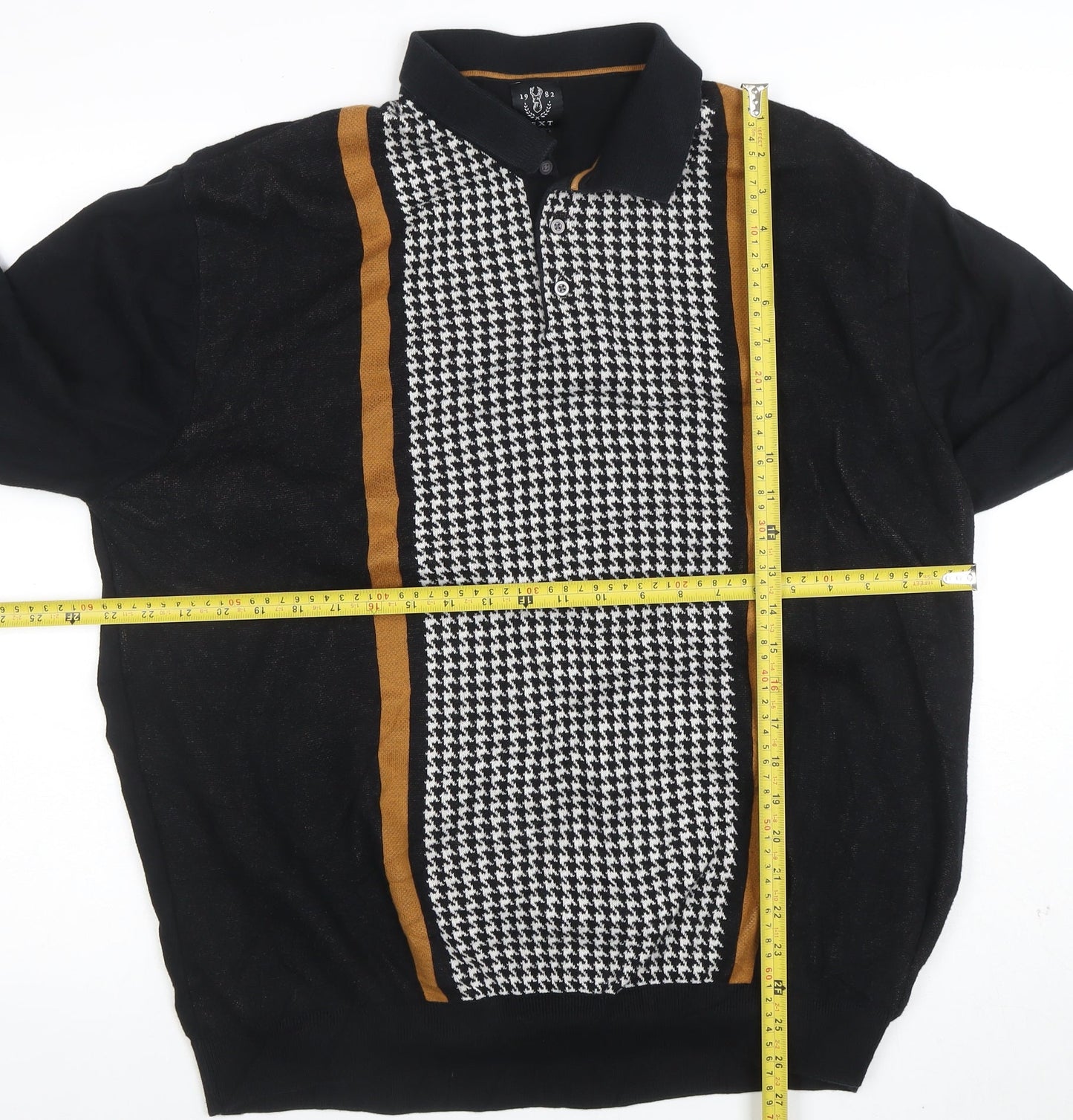 Next Men's Black Retro Long Sleeve Cotton Polo 2XL