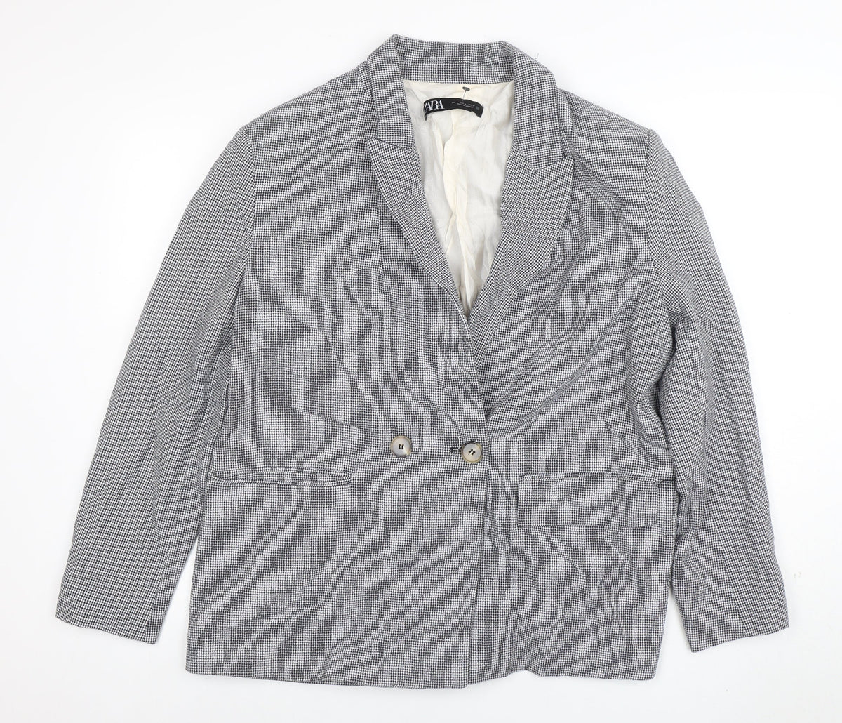 Zara Women Grey Houndstooth Double-Breasted Blazer Size 14
