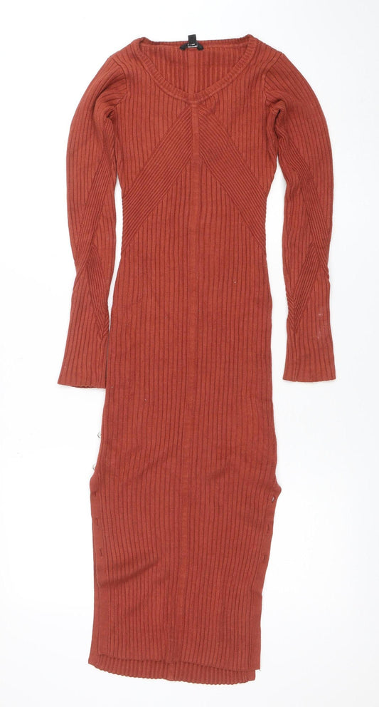 Guess Womens Brown Ribbed Knit Bodycon Midi Dress Size S