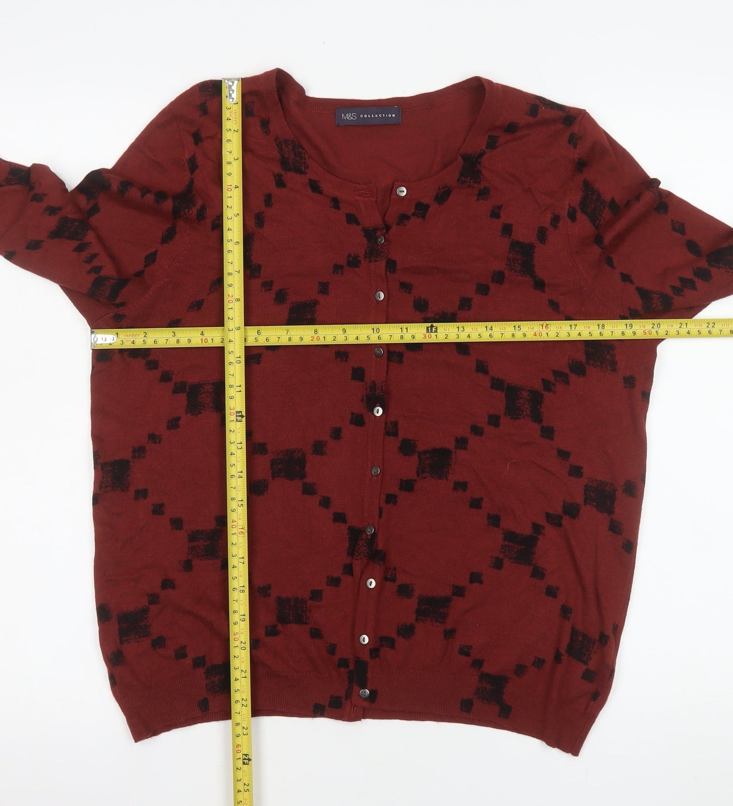 Marks and Spencer Women's Red Geometric Knit Cardigan Size 16