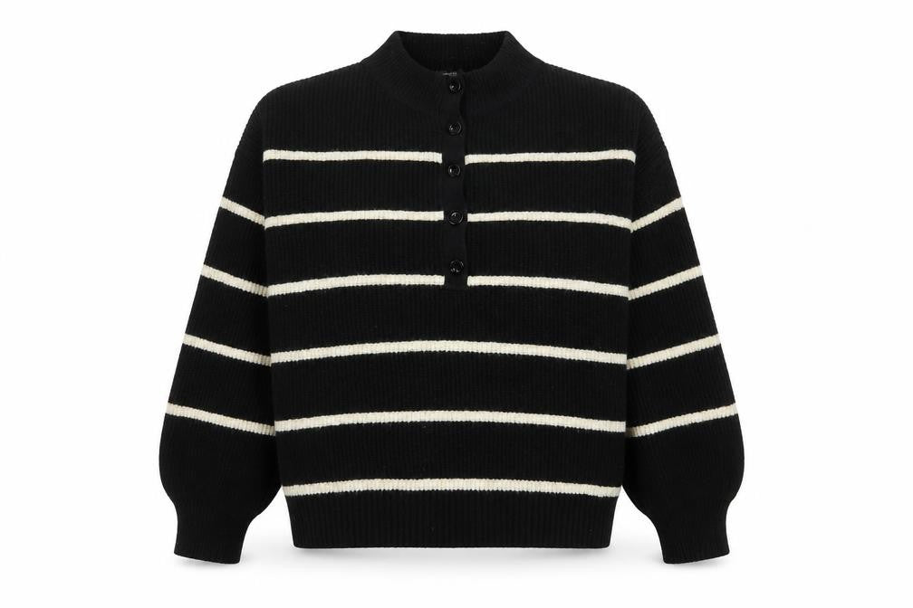 Nobody’s Child Women Black White Striped Henley Jumper Size L