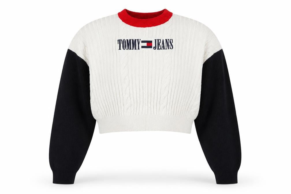 Tommy Jeans Women’s White Cable-Knit Crew Neck Logo Jumper XL