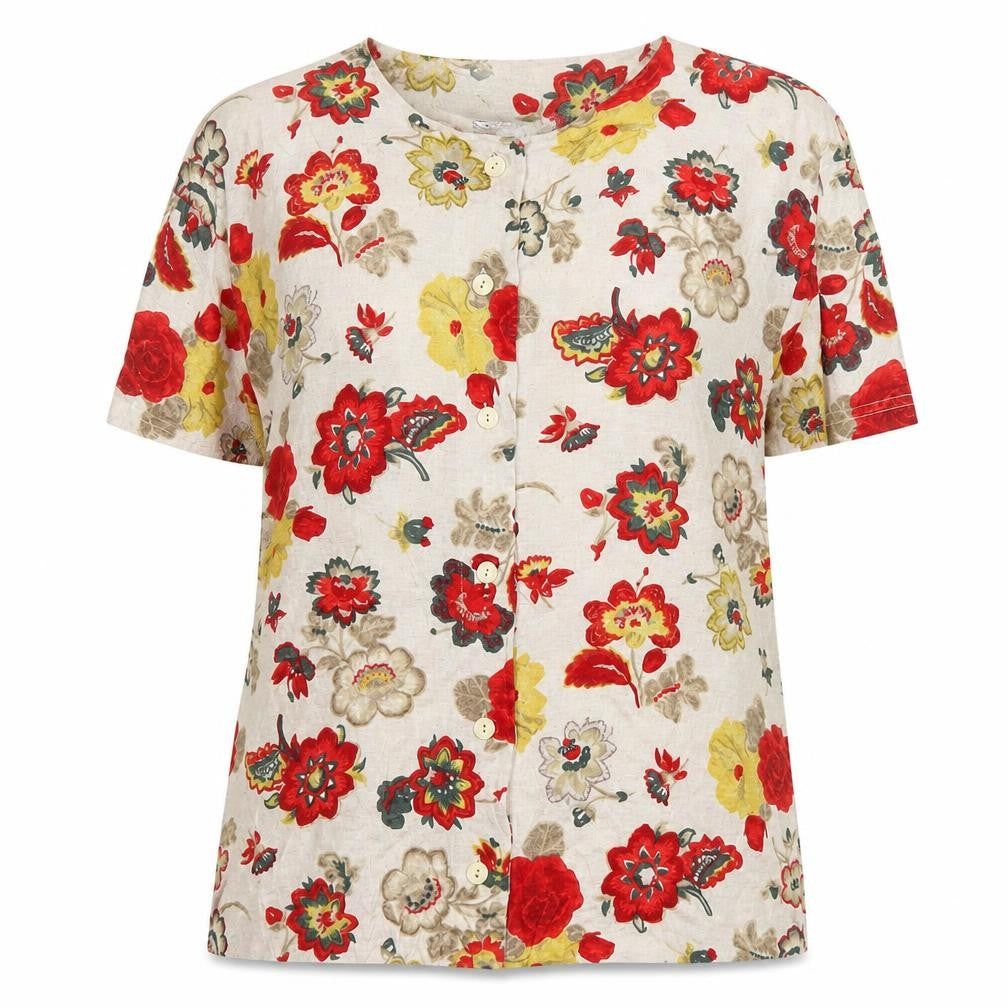 Blue Seven Women’s Multicoloured Floral Short Sleeve Linen Blend Blouse Size 12