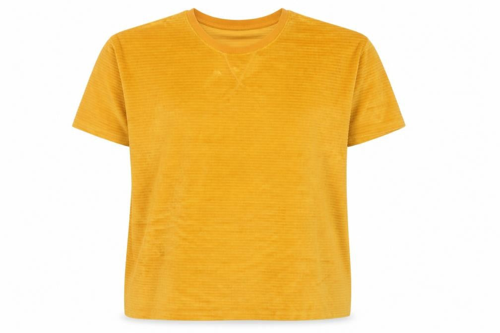 Front view of ASOS DESIGN Women’s Yellow Velour Short Sleeve Crew Neck T-Shirt M