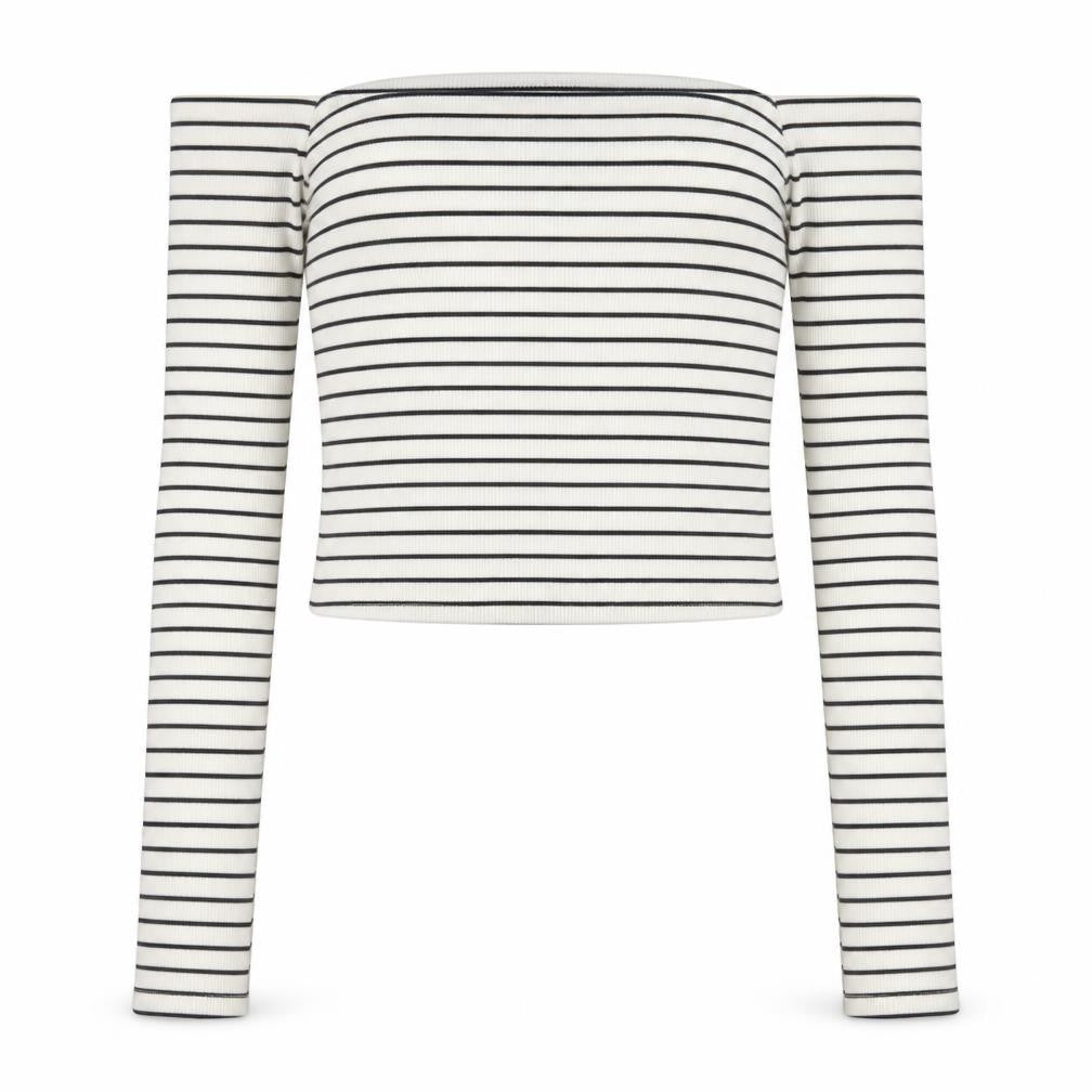 Pull&Bear Women's White Striped Cropped Off Shoulder Top Size 8