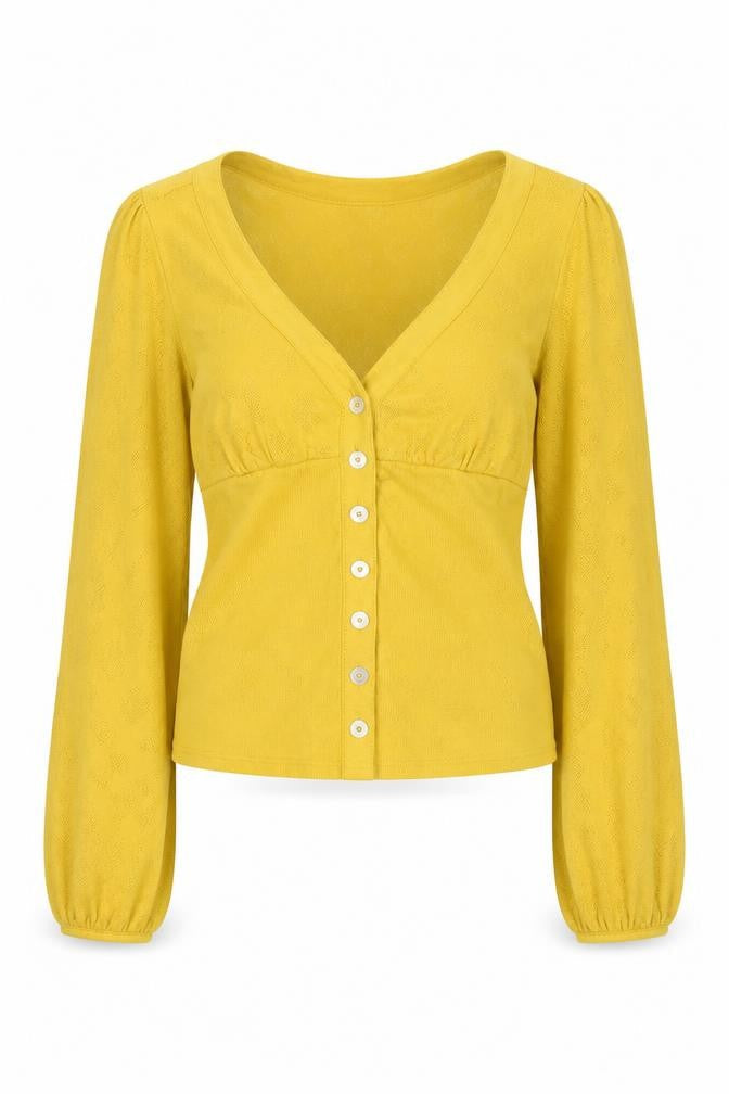 Front view of Miss Selfridge Women’s Yellow Cotton Cropped Button-Up Top, size UK 10
