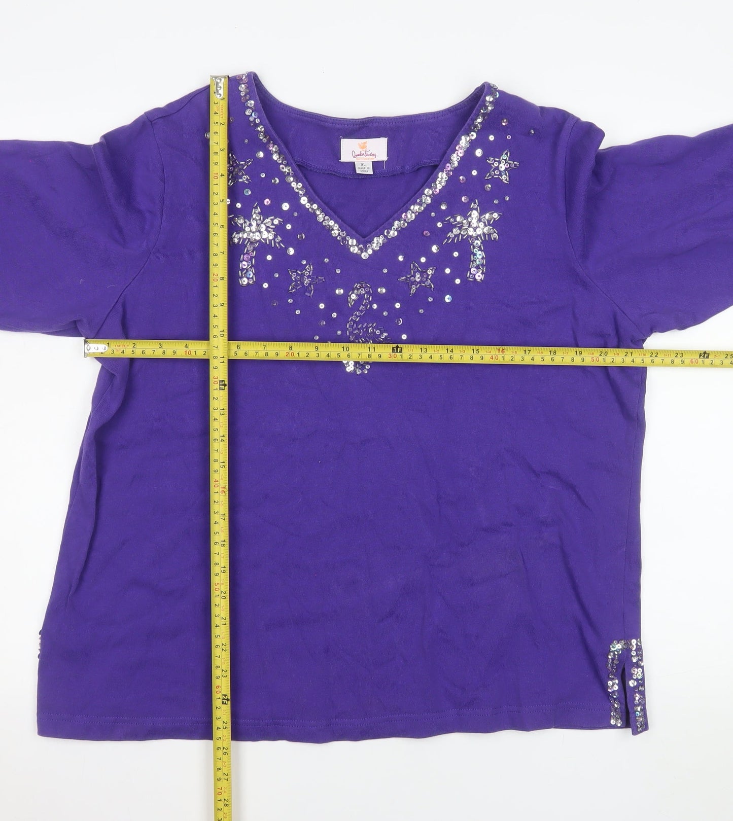 Quacker Factory Women's Purple Sequin 3/4 Sleeve Cotton Top XL
