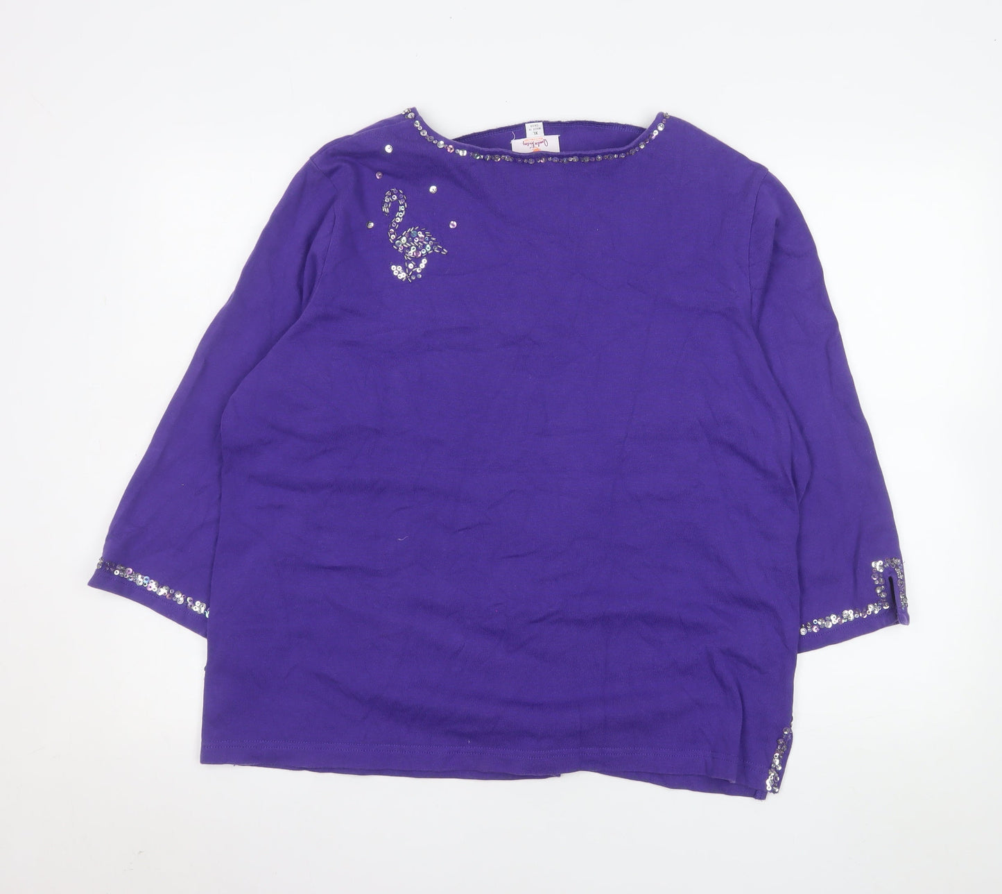 Quacker Factory Women's Purple Sequin 3/4 Sleeve Cotton Top XL