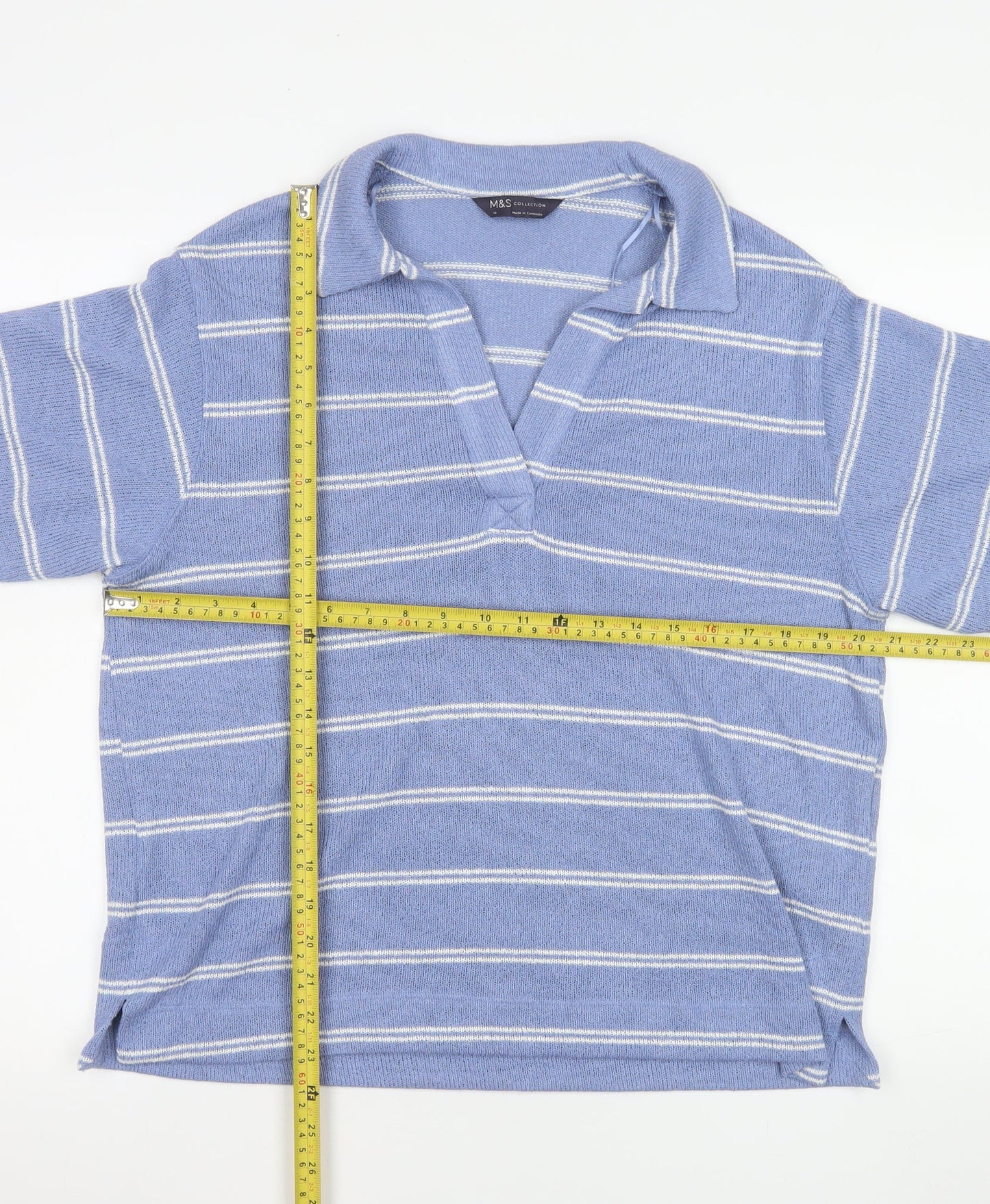 Marks and Spencer Women Blue Striped Knit Polo Top Size 14