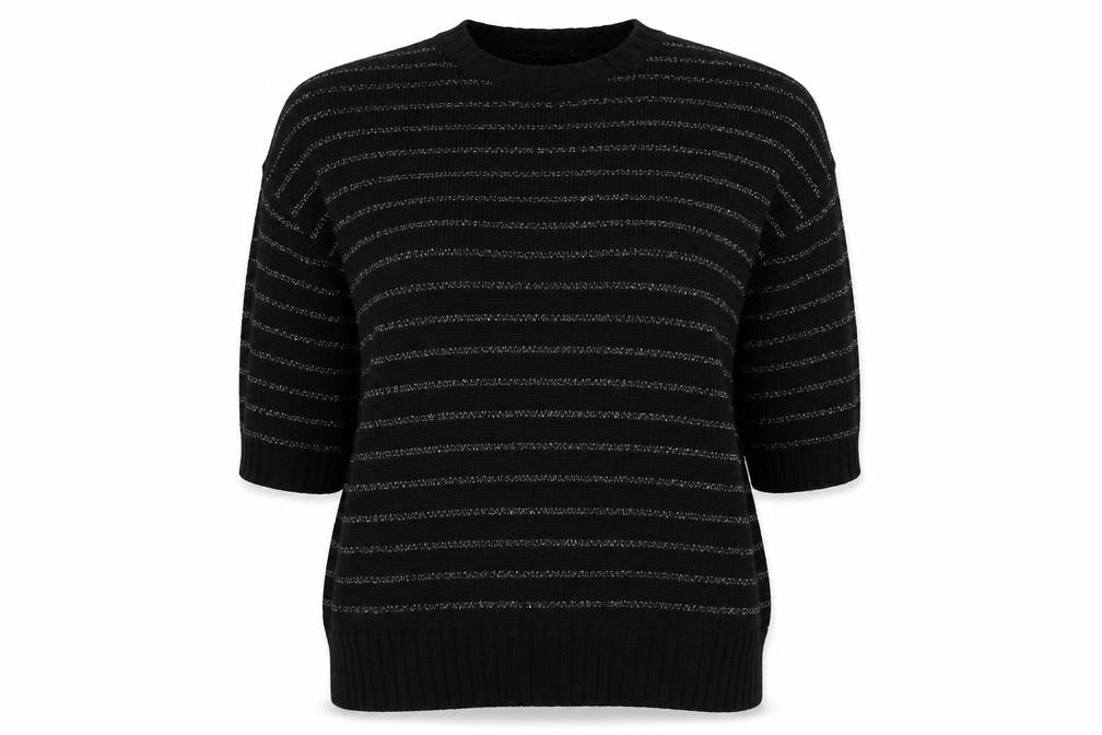 Front view of AND/OR Women’s Black Striped Knit jumper, size UK 12