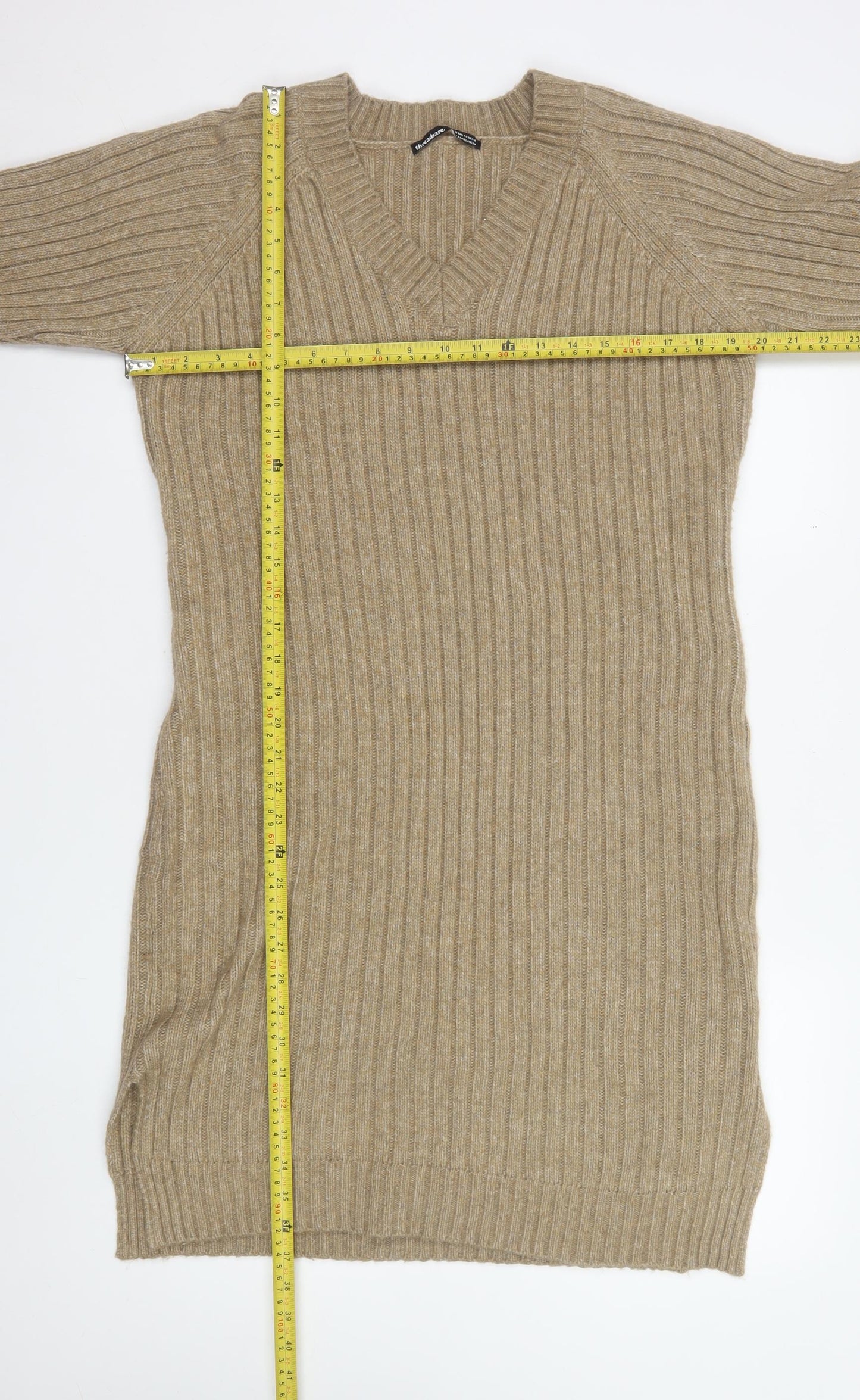 Threadbare Women Beige Petite 12 V-Neck Ribbed Jumper Dress