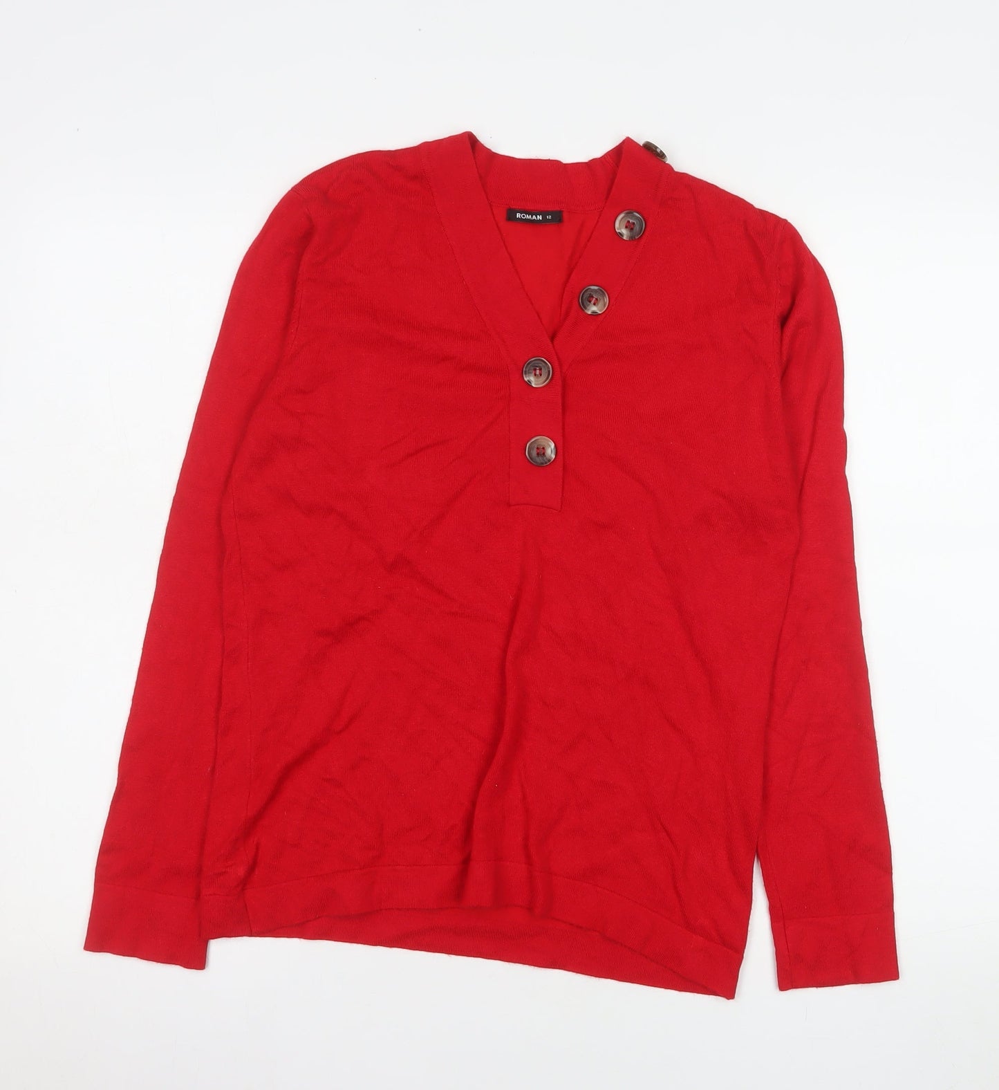 Roman Women Red V-Neck Button Long Sleeve Knit Blouse Size 12