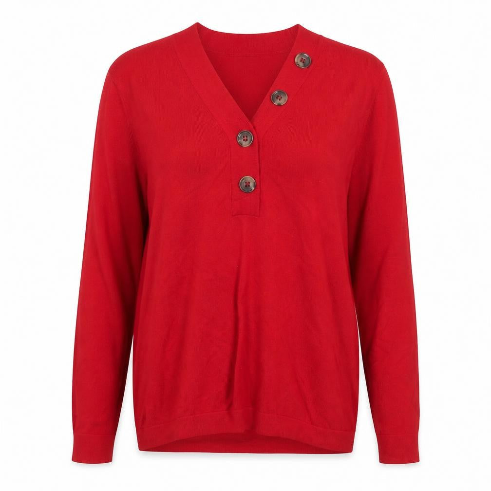 Front view of Roman Women Red V-Neck Button Long Sleeve Knit Blouse, size 12